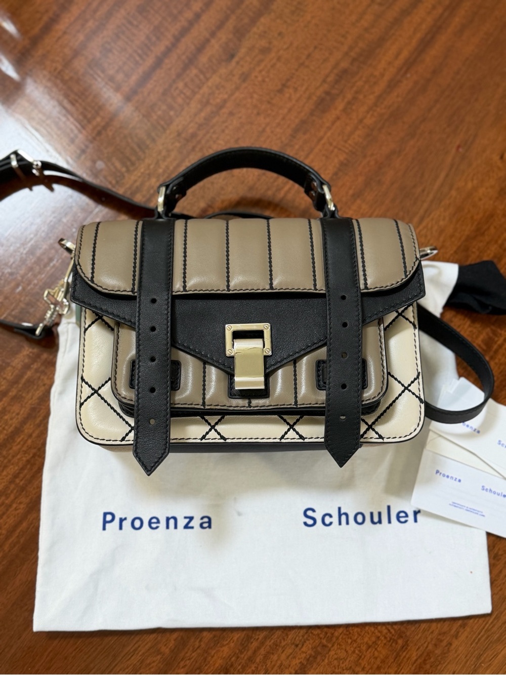 Proenza Schouler Beige and Black Quilted Leather/Suede Satchel/Crossbody PS1